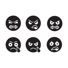 Angry Emoticons Vector Set on Black Background, Expressing Frustration and Displeasure in Digital Communication