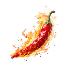 A vibrant red chili pepper engulfed in fiery flames, isolated on a black background. The image showcases the pepper's intense heat and color, with the flames adding a dramatic effect