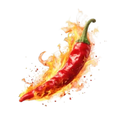 A vibrant red chili pepper engulfed in fiery flames, isolated on a black background. The image showcases the pepper's intense heat and color, with the flames adding a dramatic effect