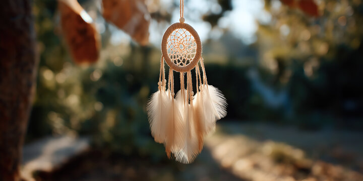 Handcrafted dreamcatcher features delicate feathers suspended from woven circular frame outdoors - Powered by Adobe