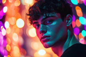 Fototapeta premium Young man against colorful lights at night