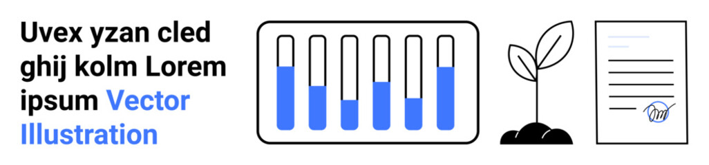 Test tubes with liquid levels, growing plant sprout, and document with signature highlight themes of research, scientific progress, eco-innovation, and sustainable practices. Ideal for education