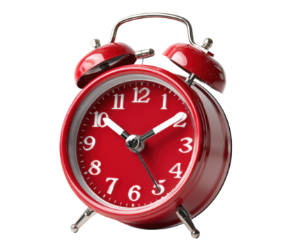 Classic red alarm clock for time management and decoration, cut out transparent