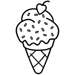 Playful Ice Cream Cone with Overflowing Heart Sprinkles, Line Art Style