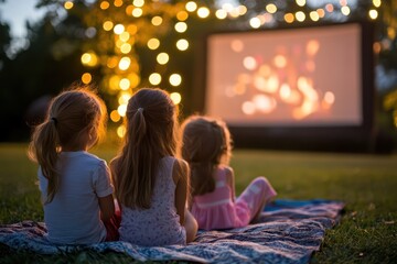 Children watching outdoor movie under evening lights