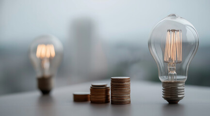 Two glowing bulbs with stacked coins represent savings and energy efficiency visually