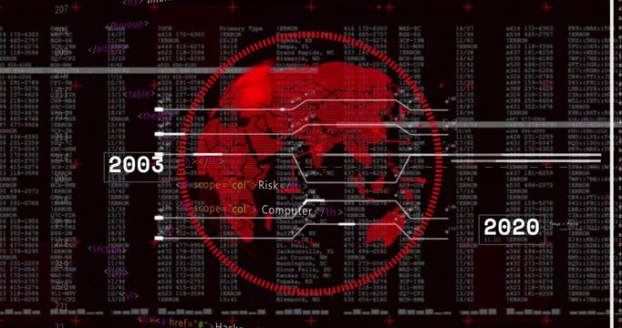 Opening code causing red globe rotating connecting nodes terms fading representing cyber threats