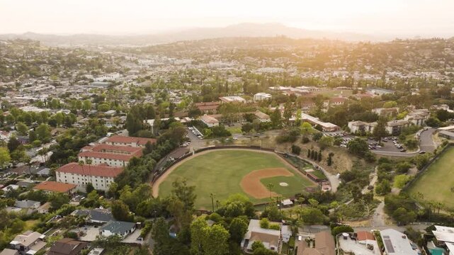 Baseball stadium drone view during sunset in Los Angeles California