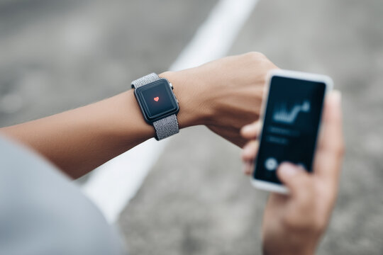 Closeup of smartwatch on runner wrist displaying heart icon, with blurred smartphone in hand, showing fitness tracking and modern technology outdoors - Powered by Adobe
