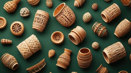 Decorative handcrafted pottery items arranged on a backdrop.