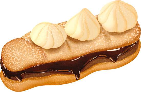 Watercolor Illustration of Tiramisu Vanilla Cream Eclair 