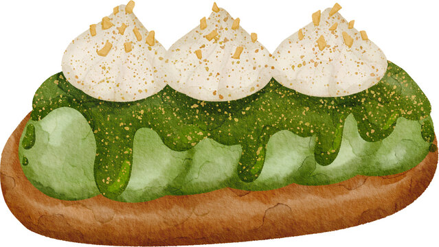 Watercolor Illustration of Matcha Vanilla Cream Eclair 