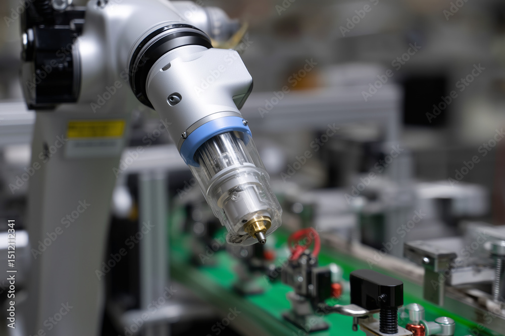 Poster Robotic arm automation technology industry machine closeup manufacturing assembly precision metal operating in modern factory environment with focused and efficient atmosphere