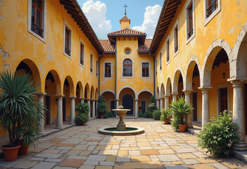Obraz premium Discover the beauty of a charming Spanish-style courtyard featuring a classic fountain, arched walkways, and vibrant yellow walls under a bright blue sky 