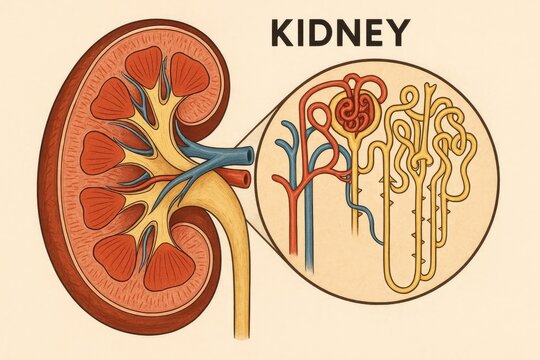 Detailed Kidney Anatomy Highlighting Renal Cortex and Complex Nephron Structures