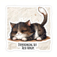 Watercolor Cartoon Cat Sticker With Grumpy Expression
