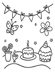 Summer Coloring page, line art, black and white, cute summer illustration, coloring page holiday time