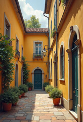 Fototapeta premium Charming narrow alleyway between old European buildings with bright yellow stucco walls, green doors, and windows, lined with potted plants, creating a sunny, picturesque scene on a cobblestone path. 