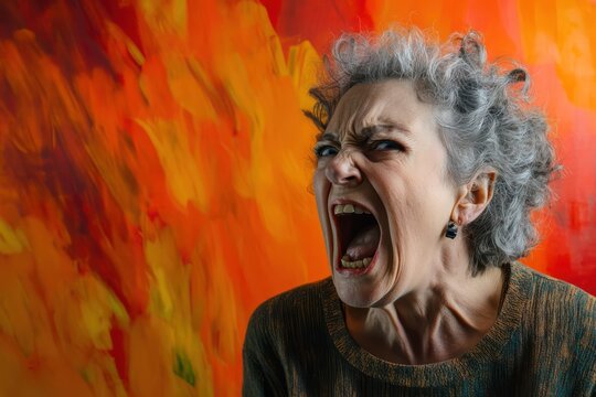 Angry senior woman screaming against vivid backdrop