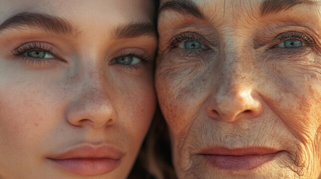 Portrait of a young Caucasian woman and an elderly Caucasian woman with bright blue eyes, highlighting the beauty of generational connection and the passage of time in a close-up photograph.