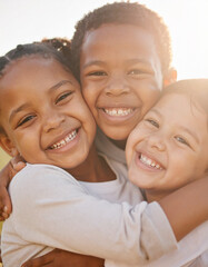 portrait of Multiethnic group of children friends enjoy together while hugging