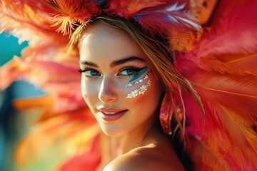 Woman Dancing at Carnival with Feather Makeup