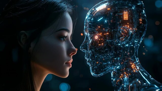 Human face to face with robot face, the future of technology and human evolution