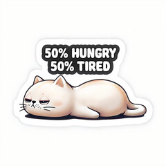 Cartoon White Cat Sticker Expressing Hunger And Tiredness