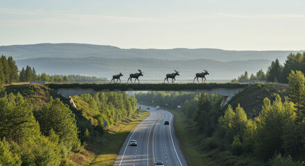 Group of Moose Crossing Wildlife Overpass Over Highway Amid Green Forest