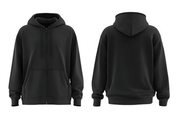 Front and back view of a plain black zip-up hoodie