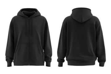 Front and back view of a plain black zip-up hoodie