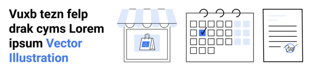 Storefront with bag graphic, calendar with date highlighted, checklist. Ideal for retail, scheduling, planning, organization, task management, small business simple landing page
