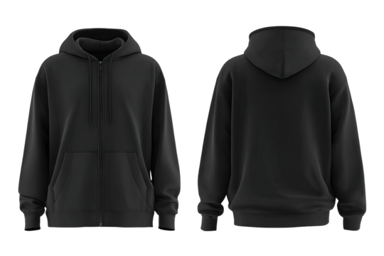 Front and back view of a plain black zip-up hoodie
