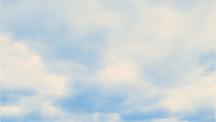 Color halftone texture of blue sky with clouds. Abstract cloud pattern vector dotted pixel texture background with copy space.