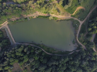 Aerial view of Yenice forests and Göktepe lake in spring