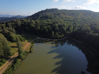 Fototapeta premium Aerial view of Yenice forests and Göktepe lake in spring