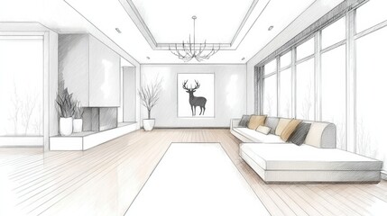 Scandinavian style interior sketches showcasing modern living room design with large windows and minimalistic decor