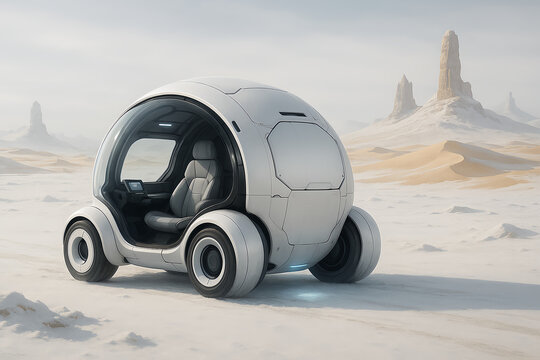 Futuristic Electric Microcar in Desert - Powered by Adobe
