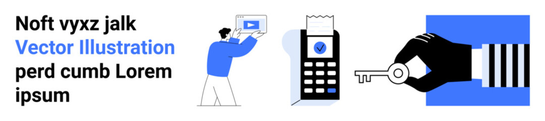 Digital card reader with receipt, person holding video thumbnail, and hand presenting key. Ideal for technology, finance, online security, e-learning, modern design, payments simple landing page