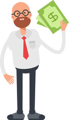 Bald Businessman Character Holding Dollar Banknotes
