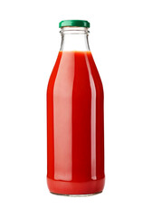 a glass bottle filled with red tomato juice on transparent background