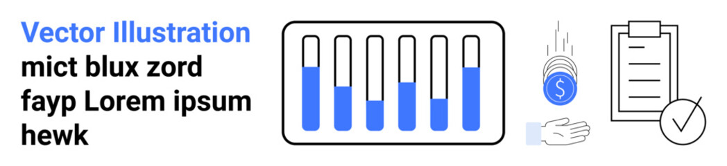 Progress bar with colored indicators, financial coin in hand, and task checklist with a checkmark. Ideal for workflow management, budgeting, planning, tracking, finance, performance metrics simple