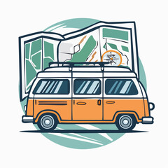 Exploration Van with Map and Compass &ndash; Adventure Vector Art