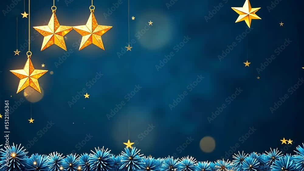 Poster a blue background with two gold stars hanging from a string. the stars are surrounded by a blue and 