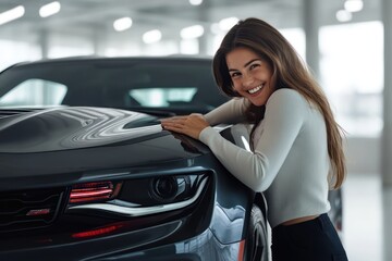 Excited Woman Hugging New Car in Bright Showroom