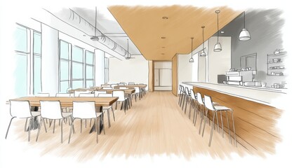Sketching vibrant and sustainable interior spaces in a modern cafe environment during daylight hours