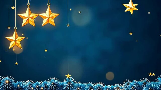 A blue background with two gold stars hanging from a string. The stars are surrounded by a blue and white border