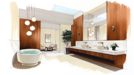 Creative bathroom renovation design sketches showcasing a modern and elegant space with refined finishes and natural light