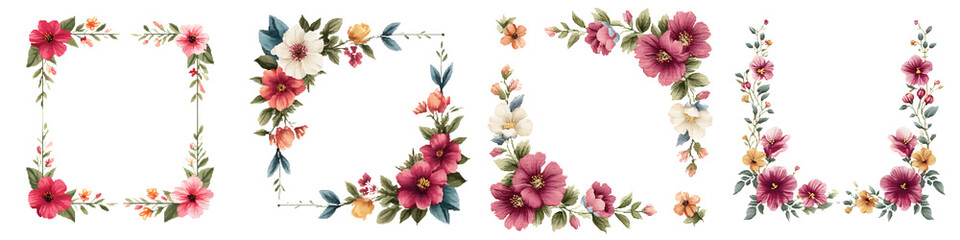 Fototapeta premium Beautiful floral frames with vibrant flowers and greenery in a charming, hand-crafted design, perfect for wedding invitations or greeting cards, showcasing nature's elegance and artistry
