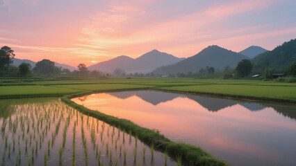 rice field, mountain range, serene landscape, calm water reflection, dramatic sky, vibrant colors, lush greenery, natural setting, idyllic scenery, tranquil atmosphere, scenic vista, countryside, past